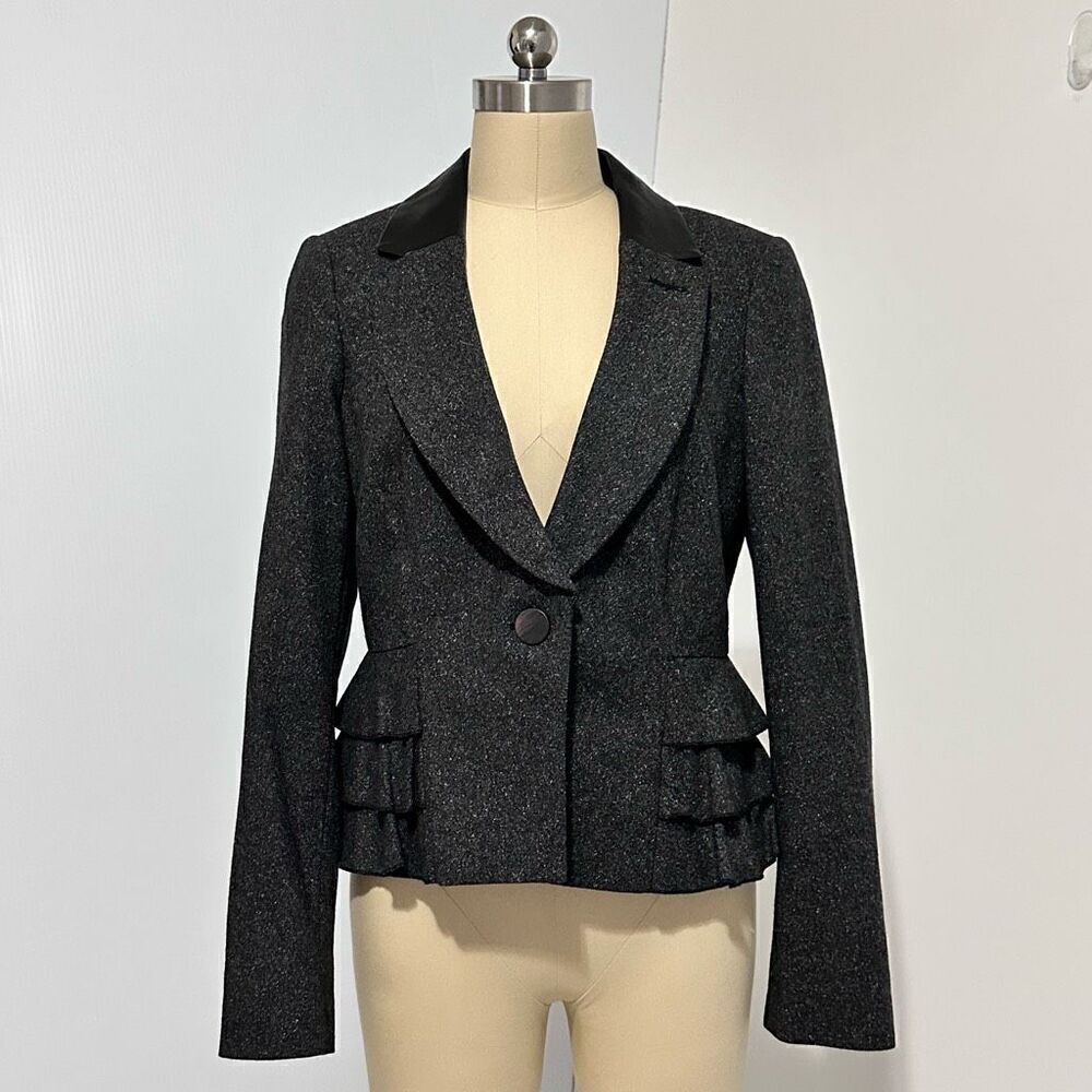 Rebecca Taylor Leather Collar Ruffle Jacket Sz 10 Victorian Gothic Office Siren